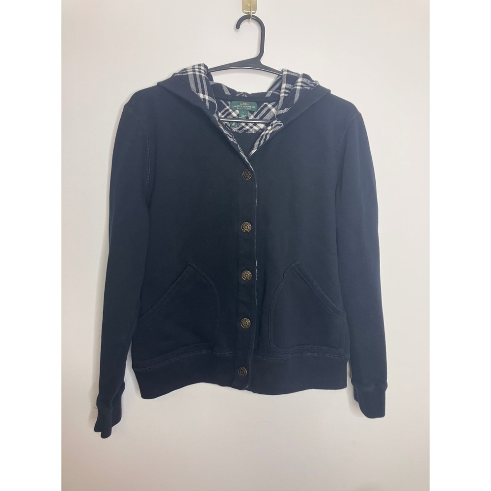 Lauren Ralph Lauren Hoodie Women L Navy Blue Excellent Button Front Plaid Hood